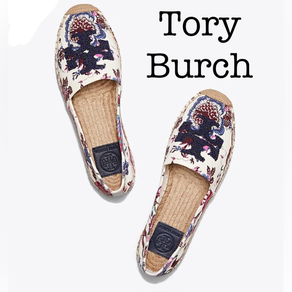 Tory Burch Elisa Logo Navy Floral Embroidered Flats Size 9.5